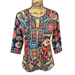 Gretchen Scott Split Neck Tunic Top Magic Carpet Floral Jersey Size Medium